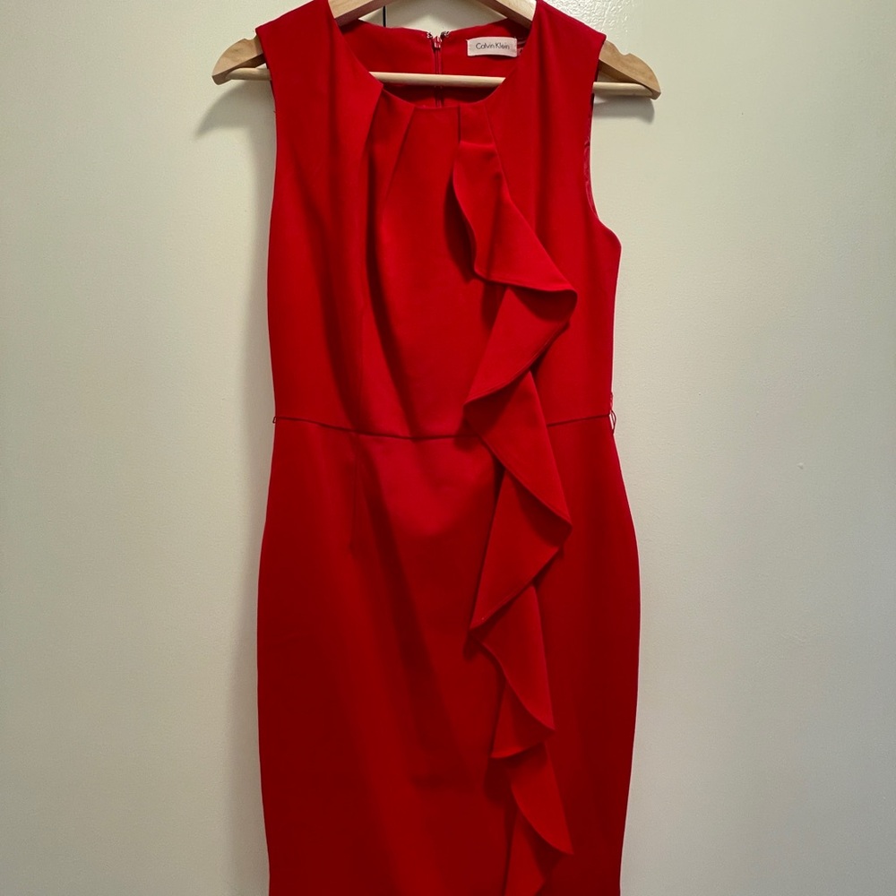Calvin Klein Red Ruffle Cocktail Midi Dress